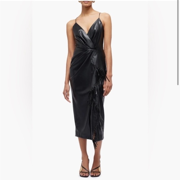 New Jonathan Simkhai Carlee Fringe Detail Faux Leather Dress Vegan Black Sz 4 - Picture 2 of 15